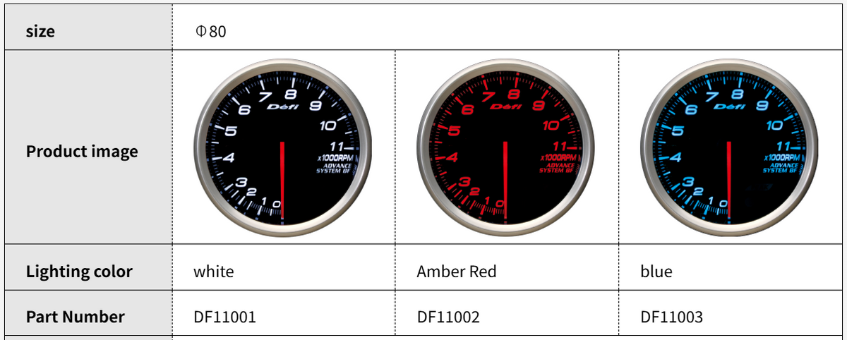 Defi ADVANCE BF 80mm Tachometer Gauge / RPM Meter 11000RPM (DF11001 White / DF11002 Amber Red / DF11003 Blue)